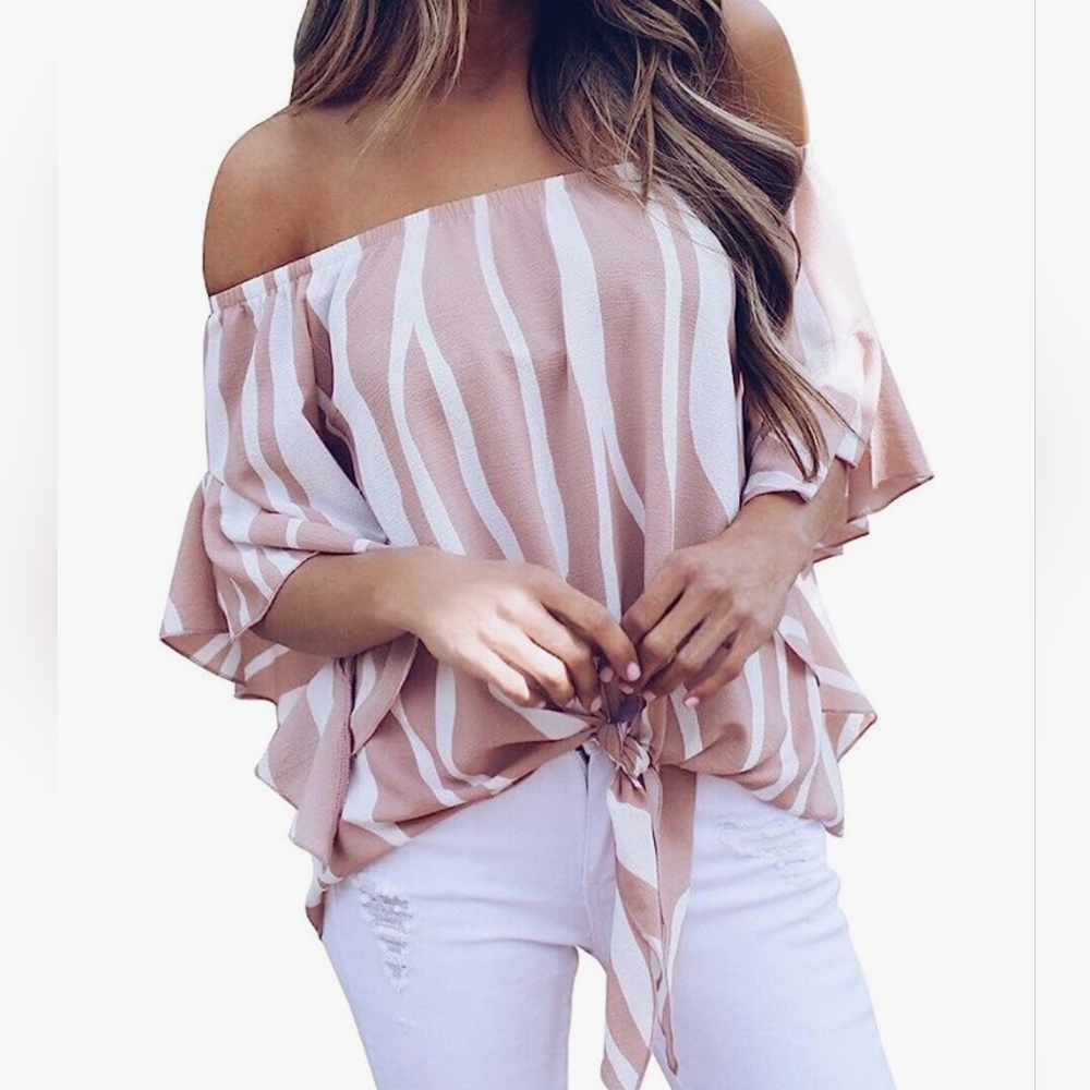 NWOT Pink and white off the shoulder top